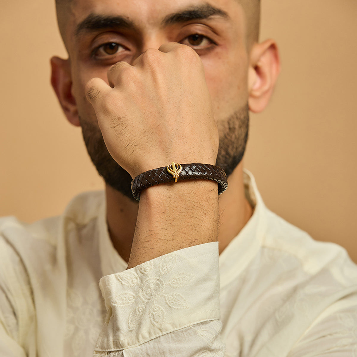 Men's Pure Silver Khanda Leather Bracelet- Gold finish