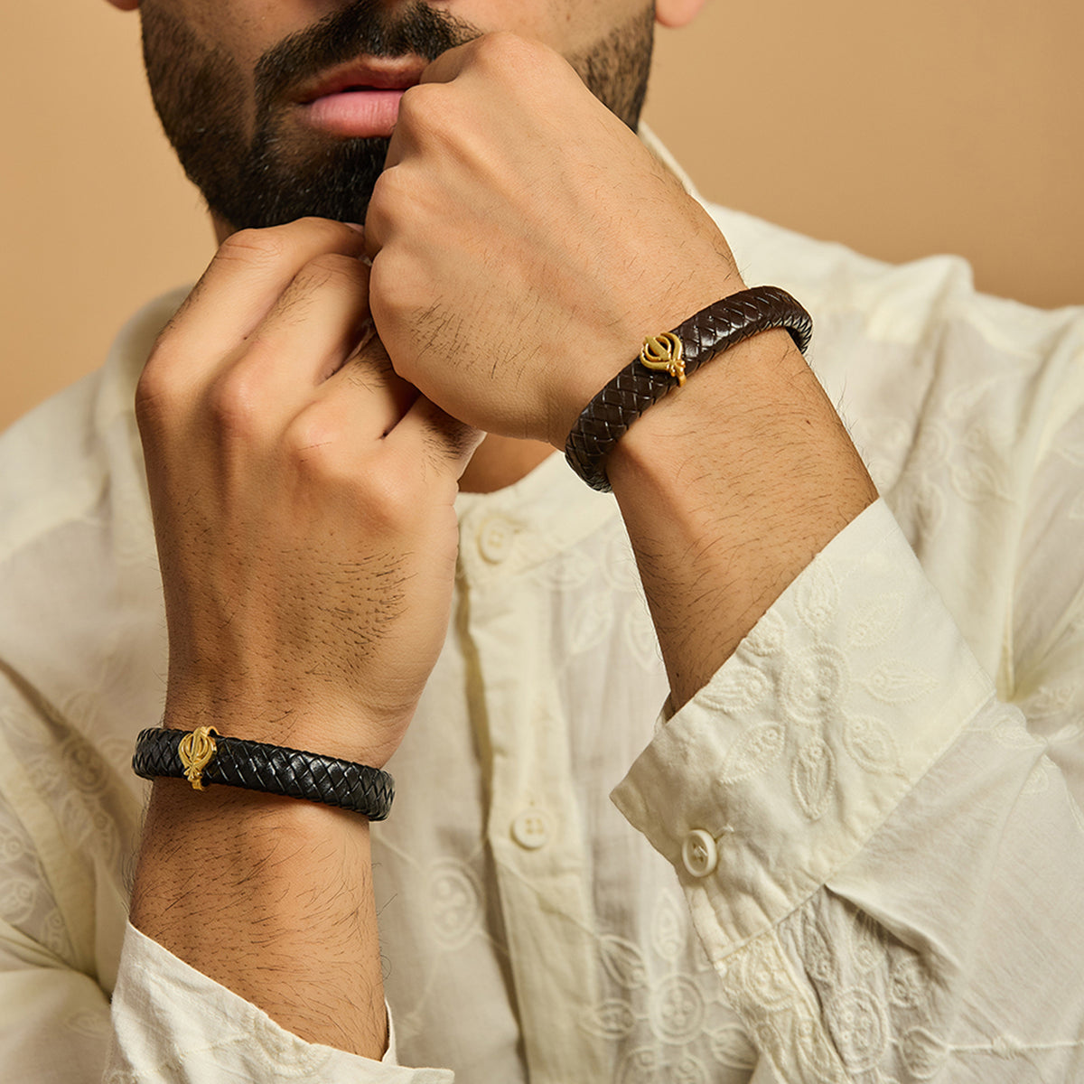 Men's Pure Silver Khanda Leather Bracelet- Gold finish