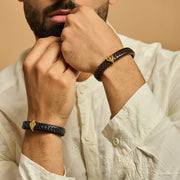 Men's Pure Silver Khanda Leather Bracelet- Gold finish