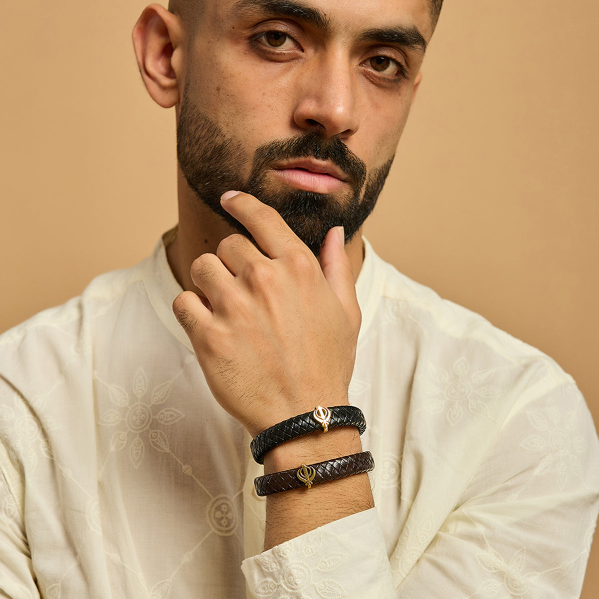 Men's Pure Silver Khanda Leather Bracelet- Gold finish