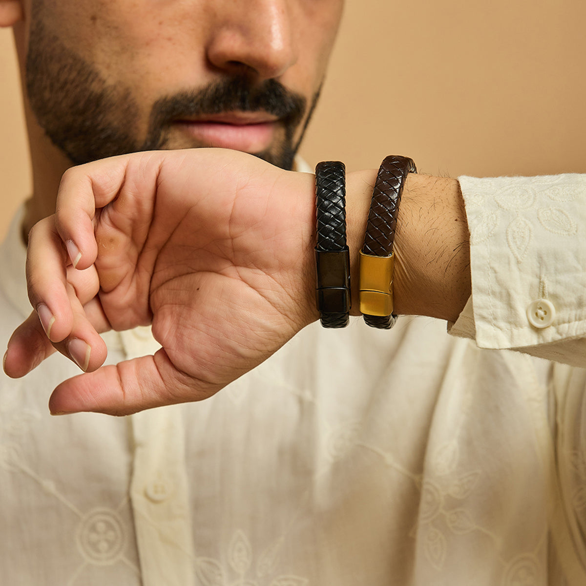 Men's Pure Silver Khanda Leather Bracelet- Gold finish