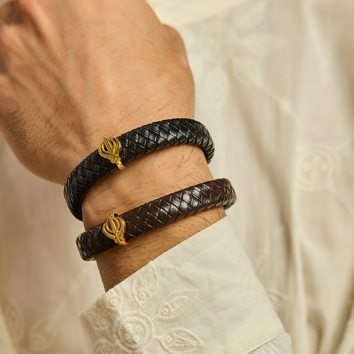 Men's Pure Silver Khanda Leather Bracelet- Gold finish