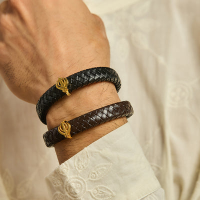 Men's Pure Silver Khanda Leather Bracelet- Gold finish
