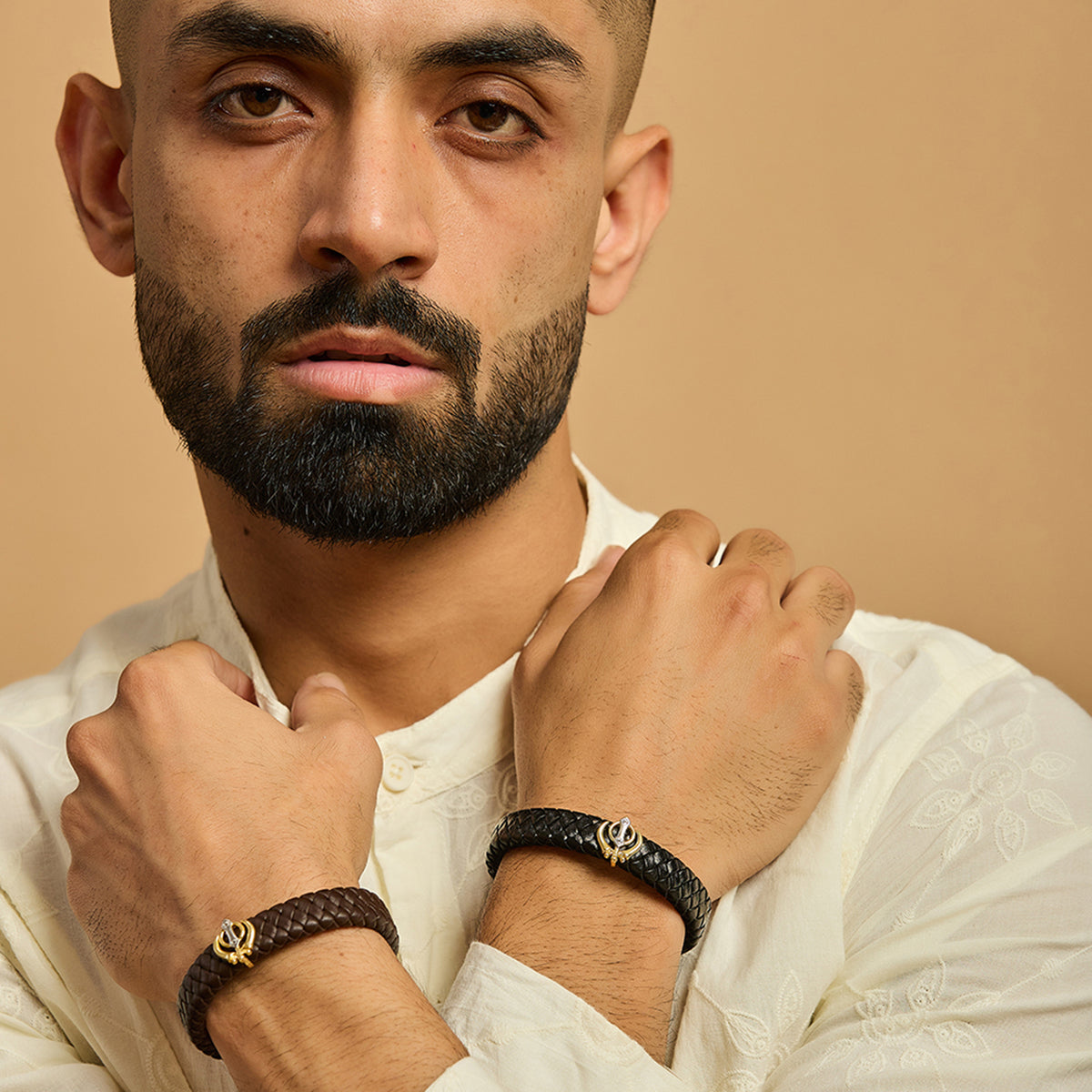 Men's Dual Plated Khanda Leather Bracelet