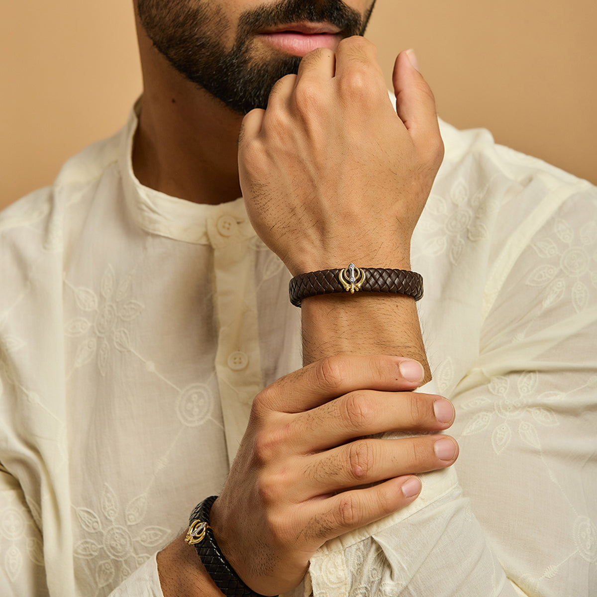 Men's Dual Plated Khanda Leather Bracelet