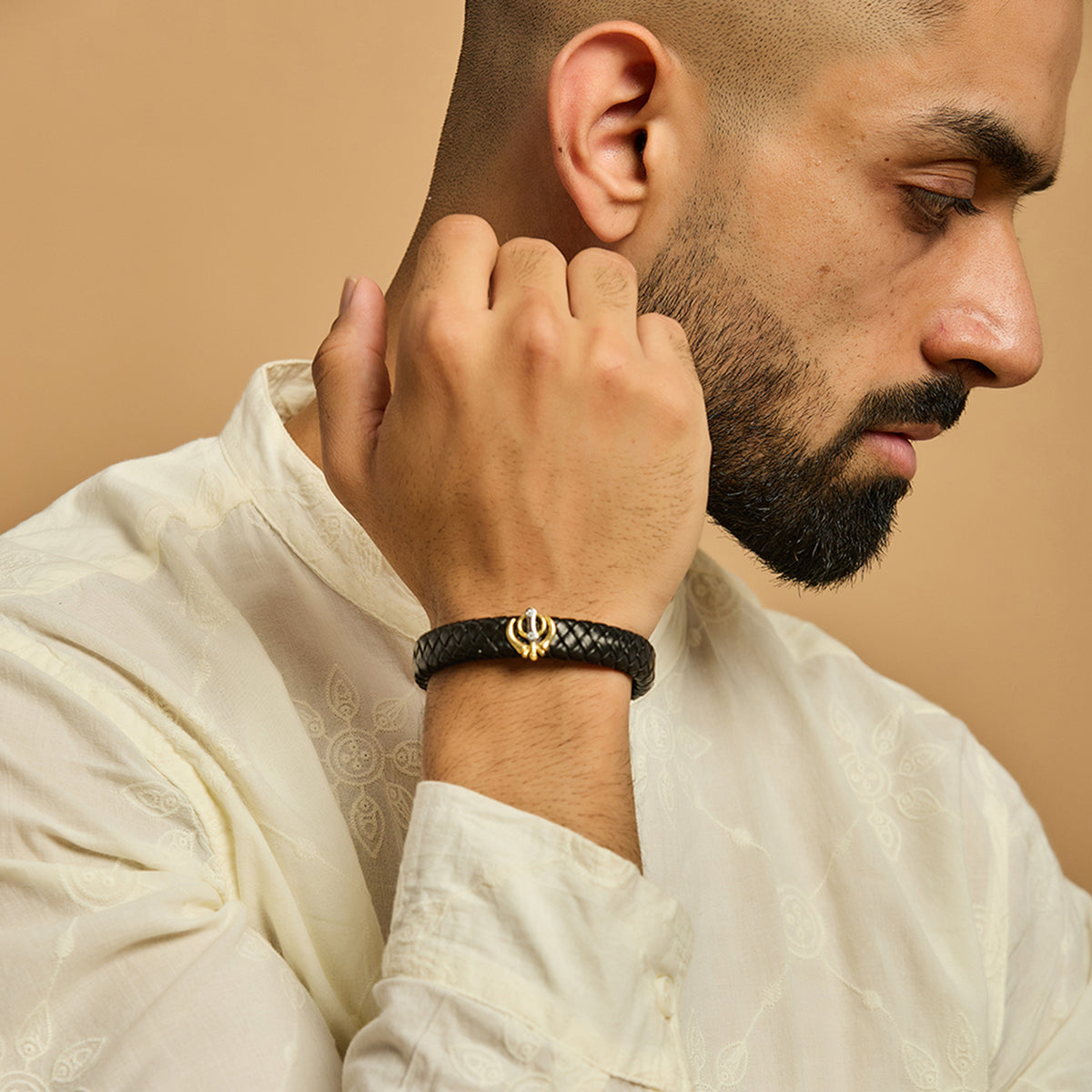 Men's Dual Plated Khanda Leather Bracelet