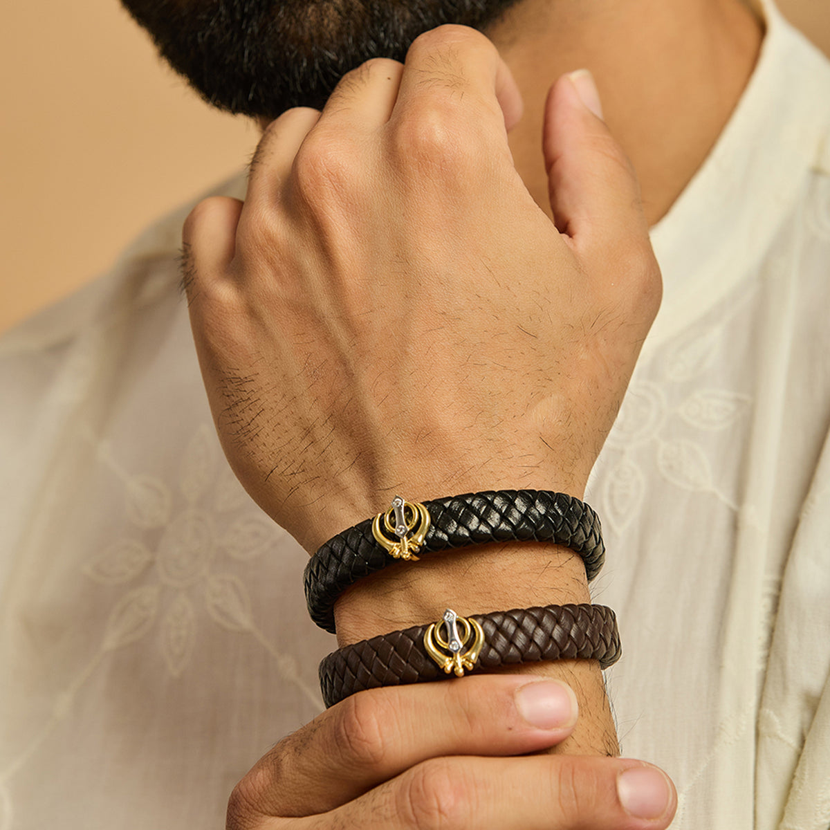 Men's Dual Plated Khanda Leather Bracelet