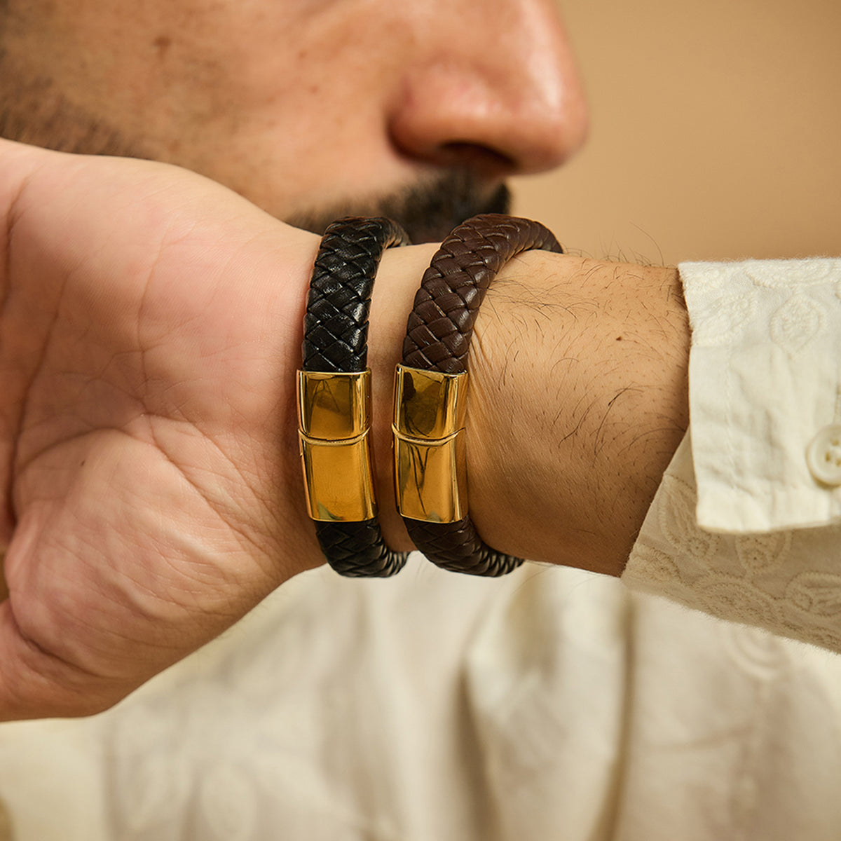 Men's Dual Plated Khanda Leather Bracelet