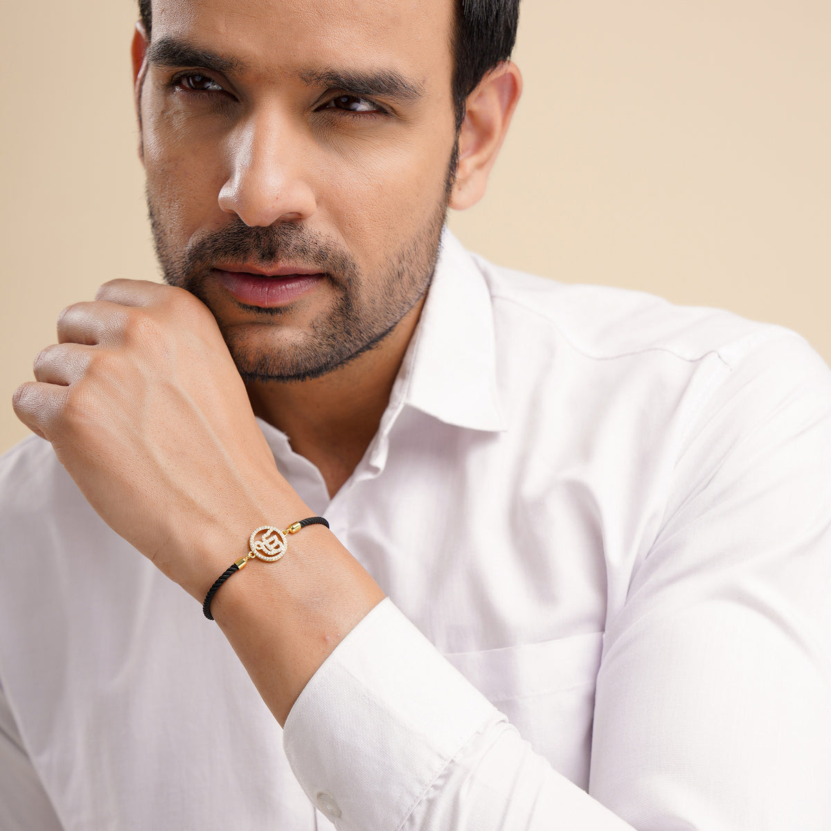 Men's Ek Onkar Black Rope Bracelet- Gold Finish