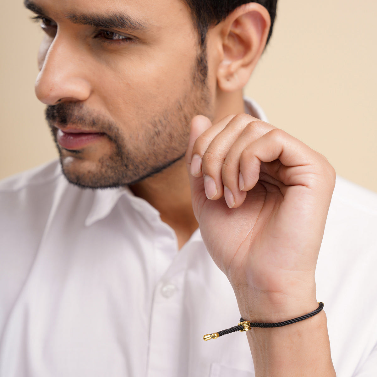 Men's Ek Onkar Black Rope Bracelet- Gold Finish