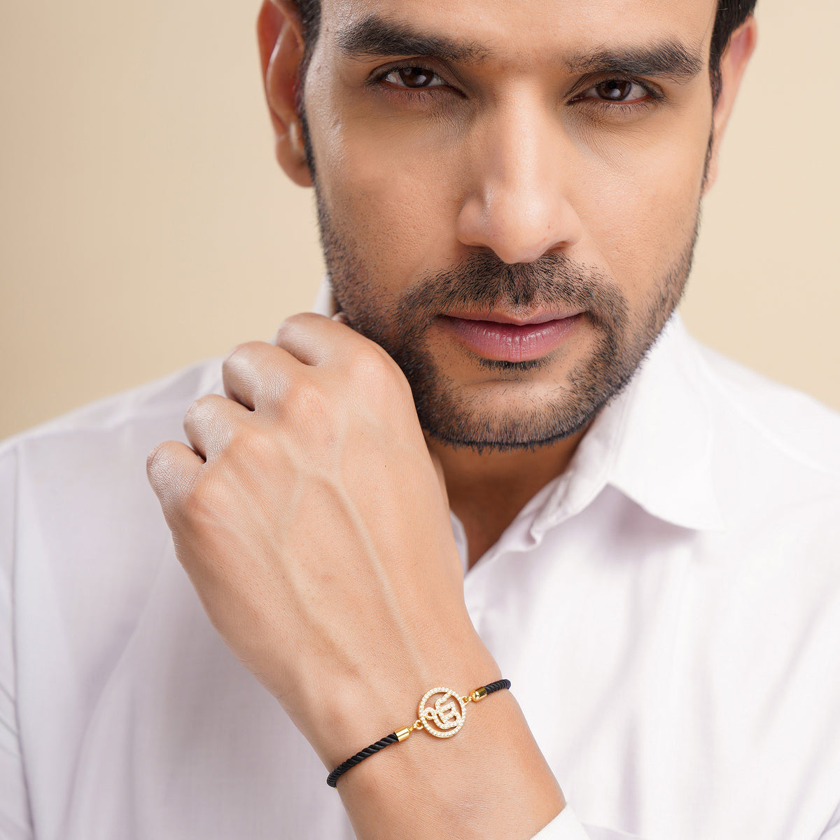 Men's Ek Onkar Black Rope Bracelet- Gold Finish