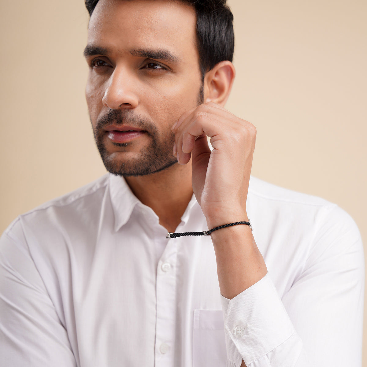 Men Silver Round Evil Eye Black Rope Bracelet