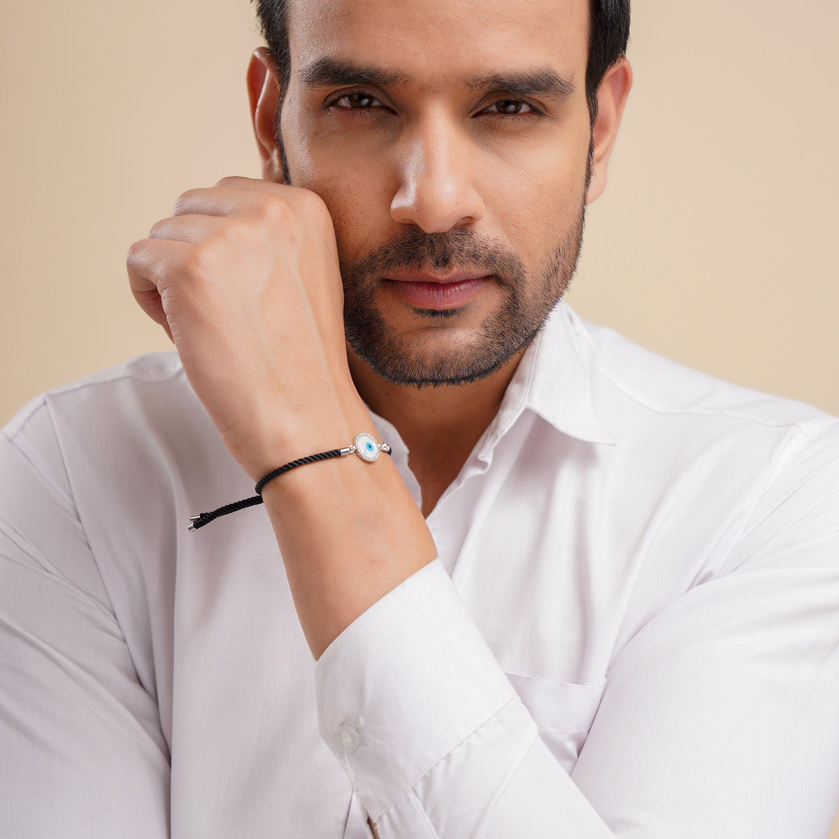 Men Silver Round Evil Eye Black Rope Bracelet