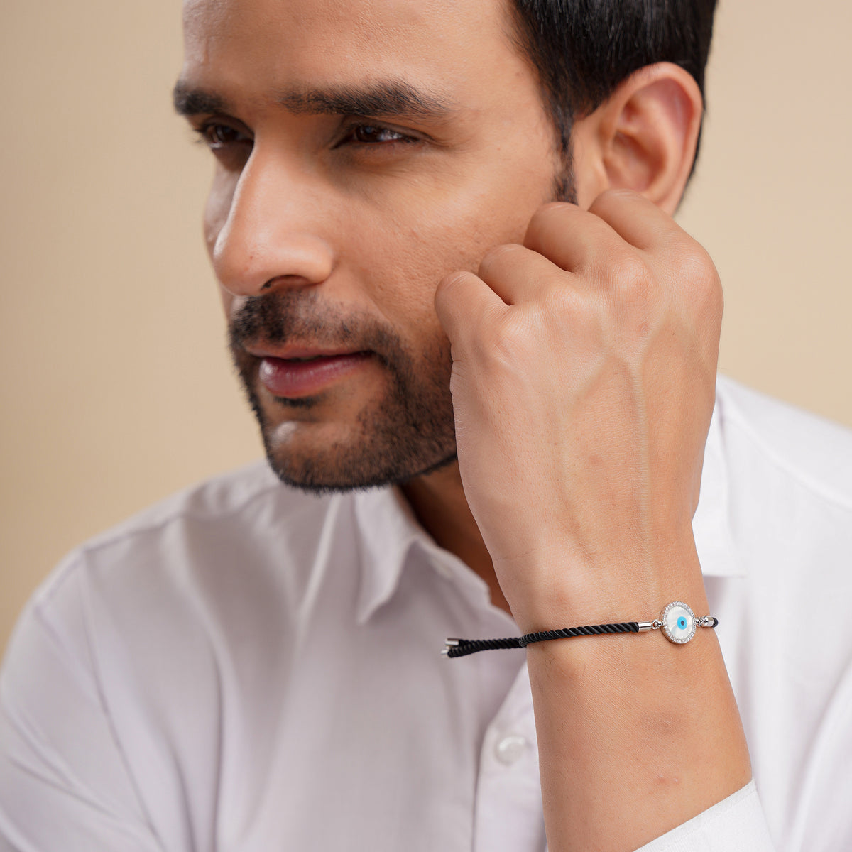 Men Silver Round Evil Eye Black Rope Bracelet