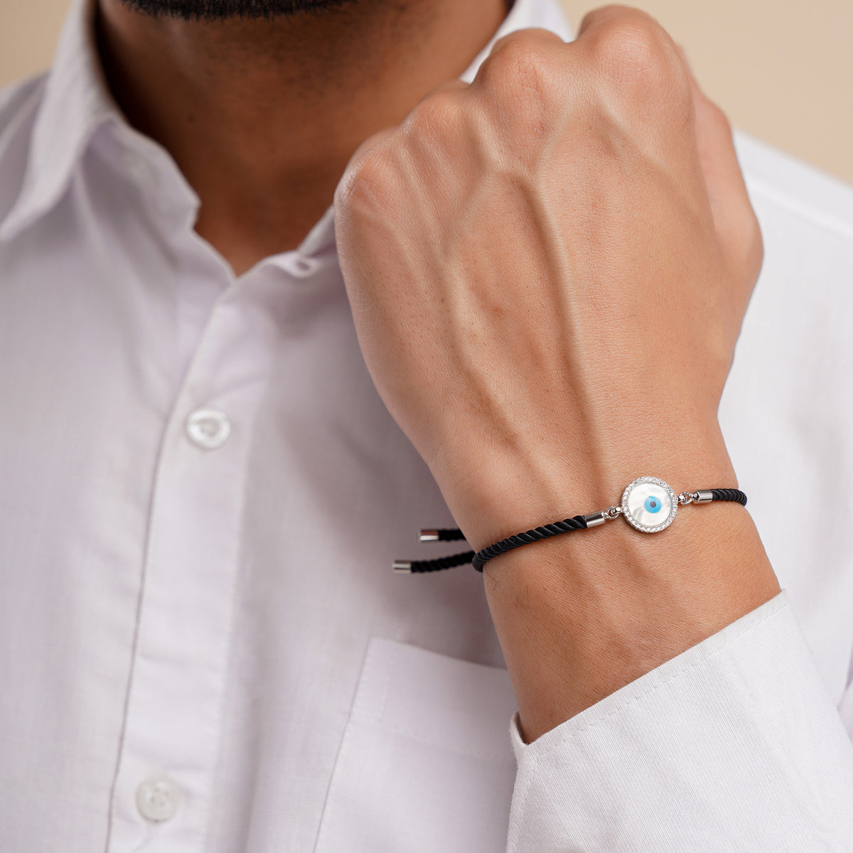 Men Silver Round Evil Eye Black Rope Bracelet