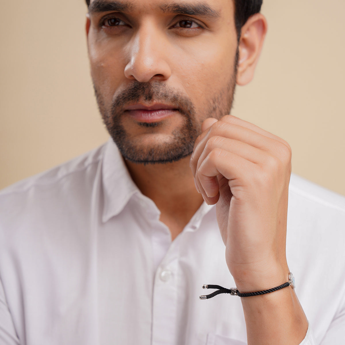 Men Silver Round Evil Eye Black Rope Bracelet