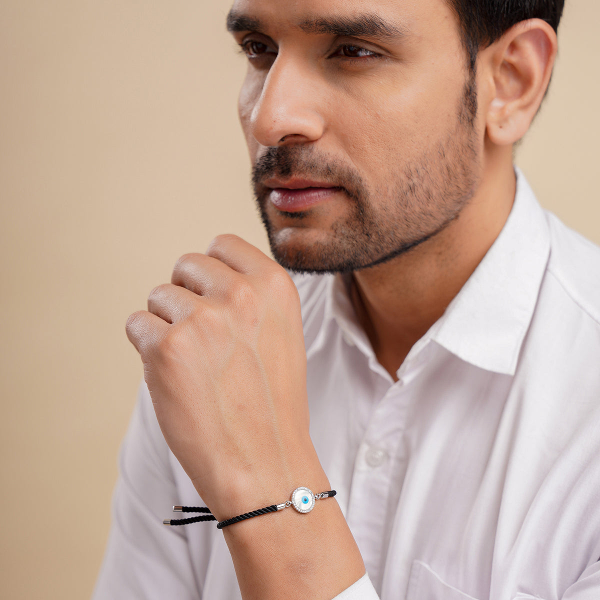 Men Silver Round Evil Eye Black Rope Bracelet