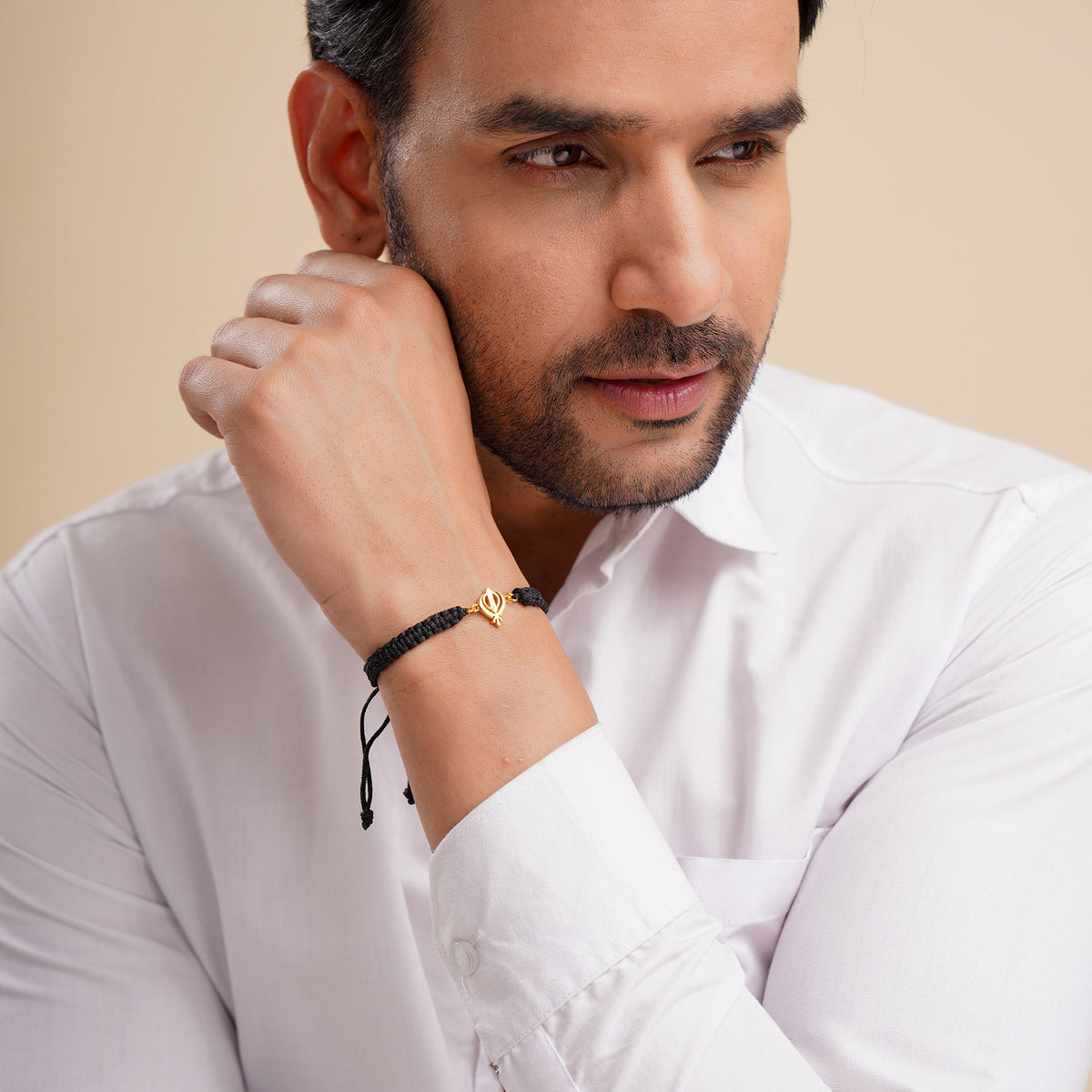 Men's Pure Silver Khanda Black Thread Bracelet