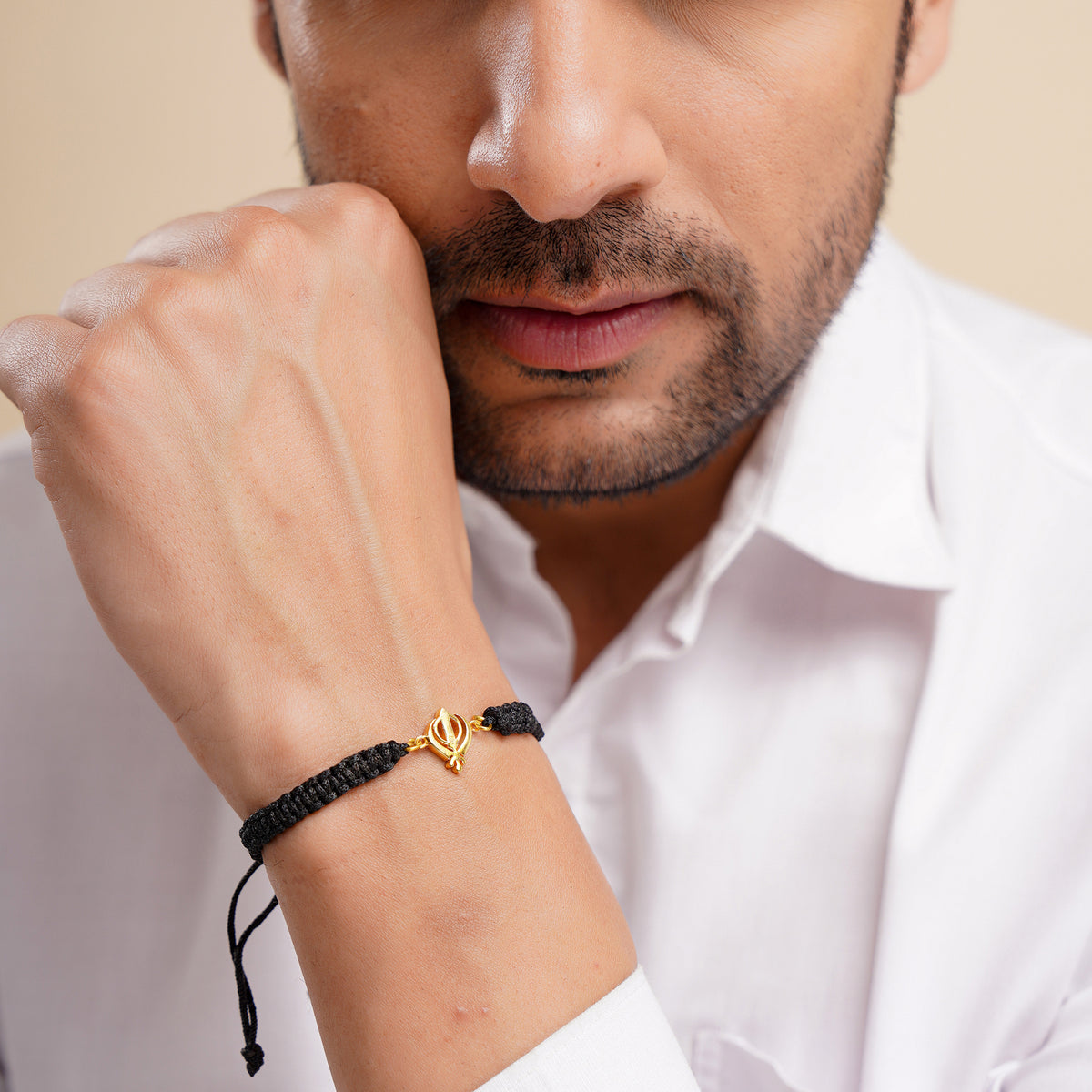 Men's Pure Silver Khanda Black Thread Bracelet