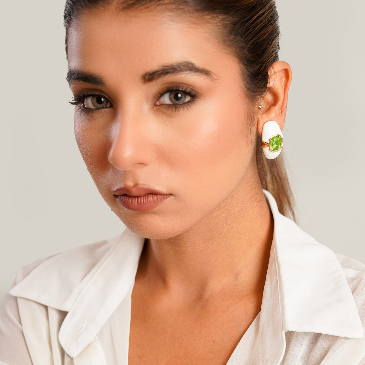 Green Stones White Enamel Studs