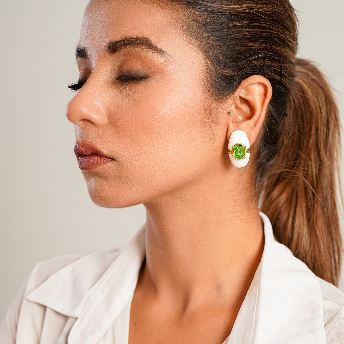 Green Stones White Enamel Studs