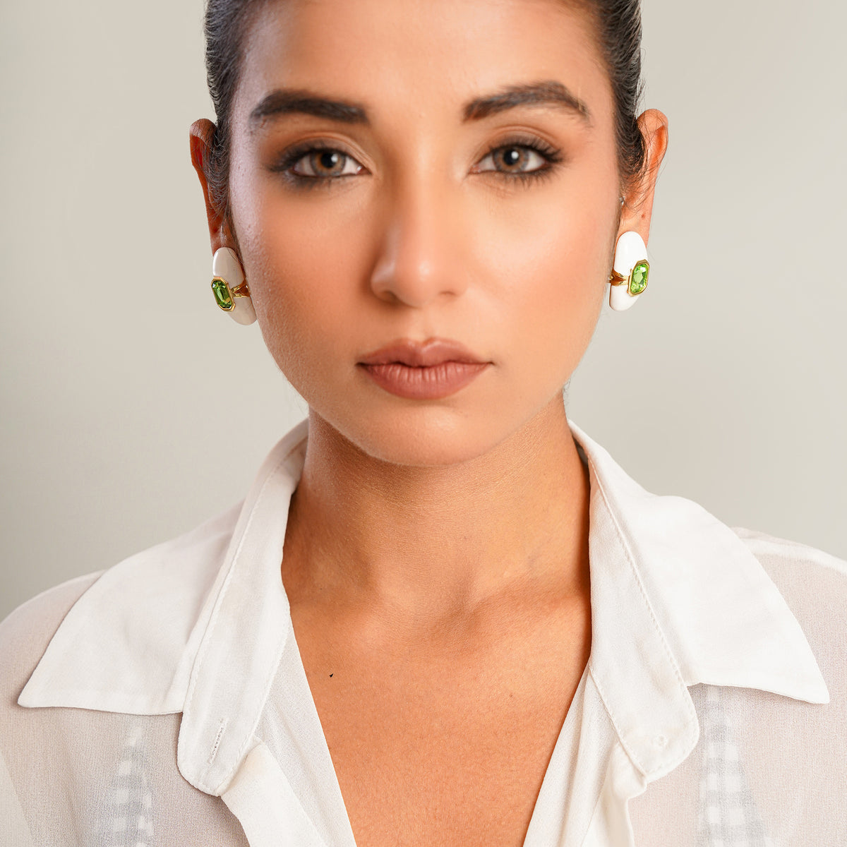 Green Stones White Enamel Studs