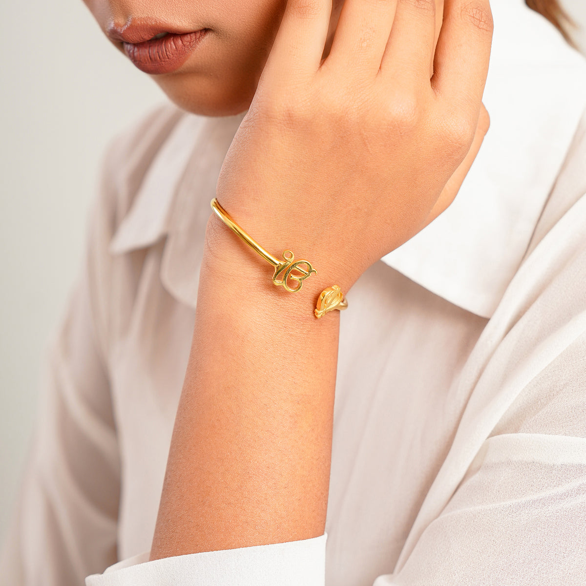 Pure Silver Ek Onkar Khanda Bracelet- Gold finish (Thick)