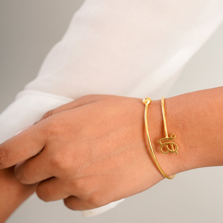 Pure Silver Ek Onkar Ball Cuff Bracelet- Gold finish