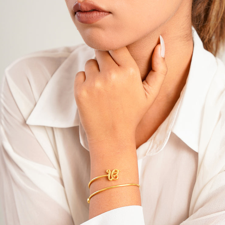 Pure Silver Ek Onkar Ball Cuff Bracelet- Gold finish