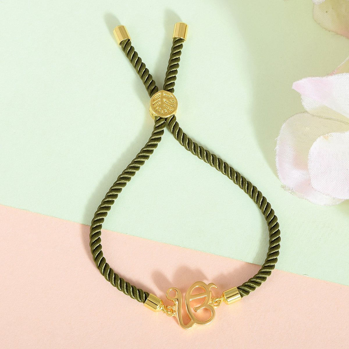 Men's Pure Silver Ek Onkar Green Rope Bracelet