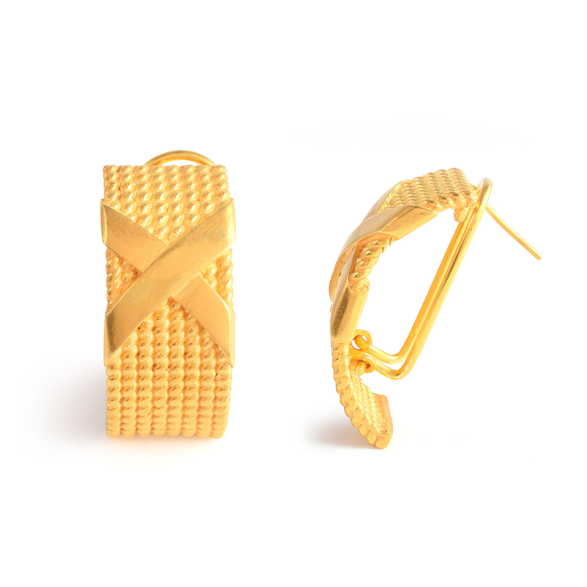 Pleated Cross Gold Earrings