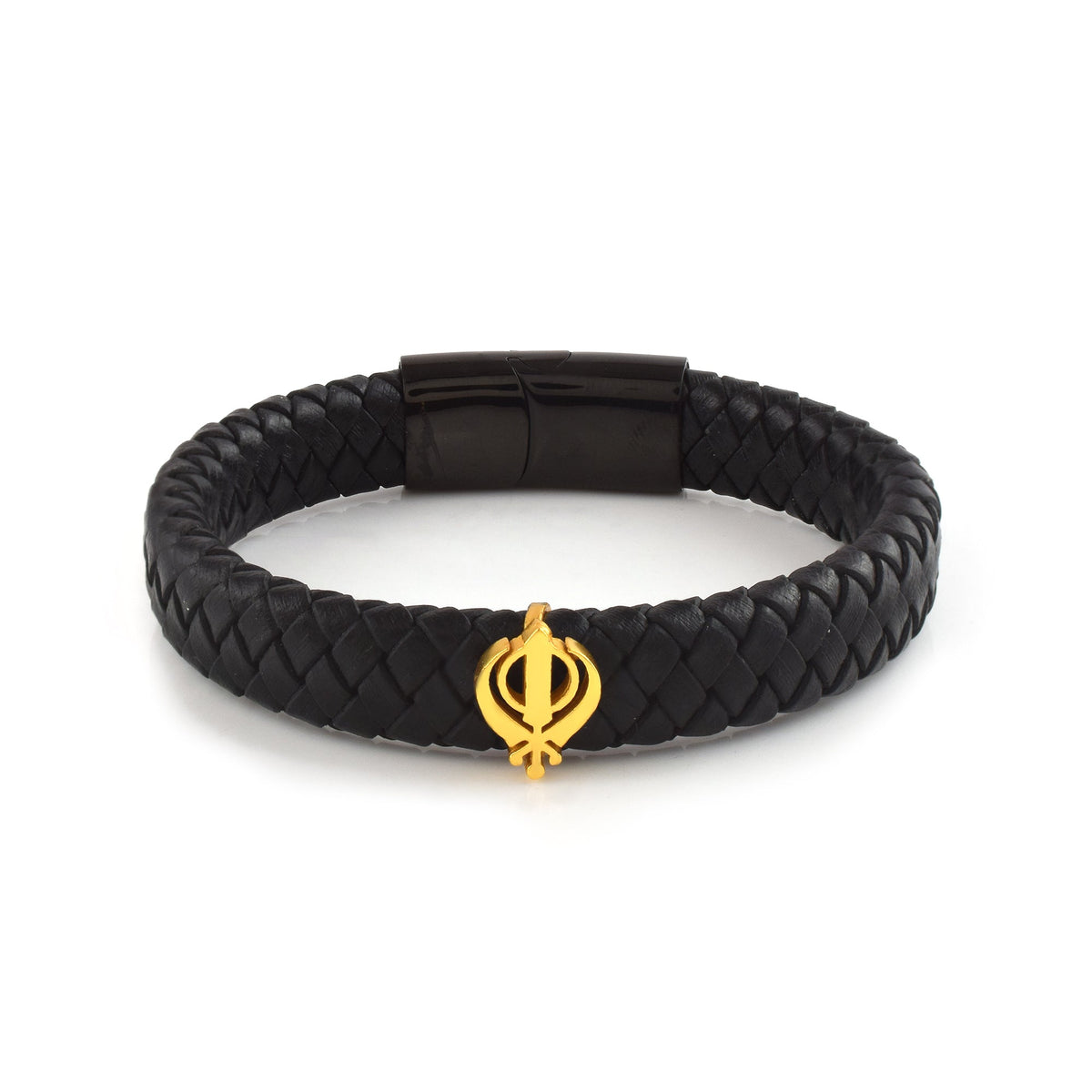 Men's Pure Silver Khanda Leather Bracelet- Gold finish