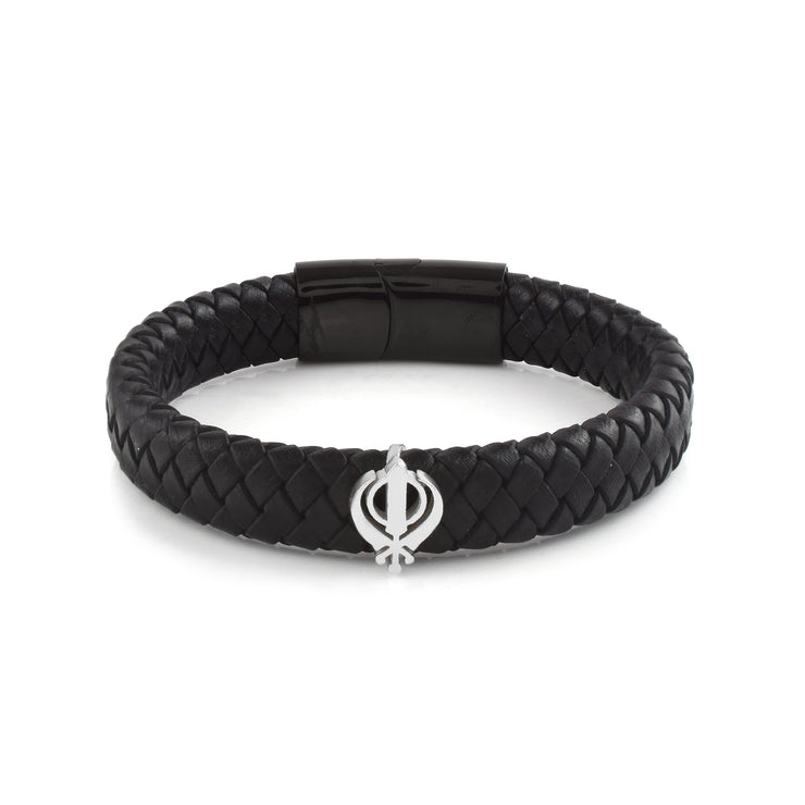 Unisex Pure Silver Strapped Khanda Leather Bracelet- Silver finish