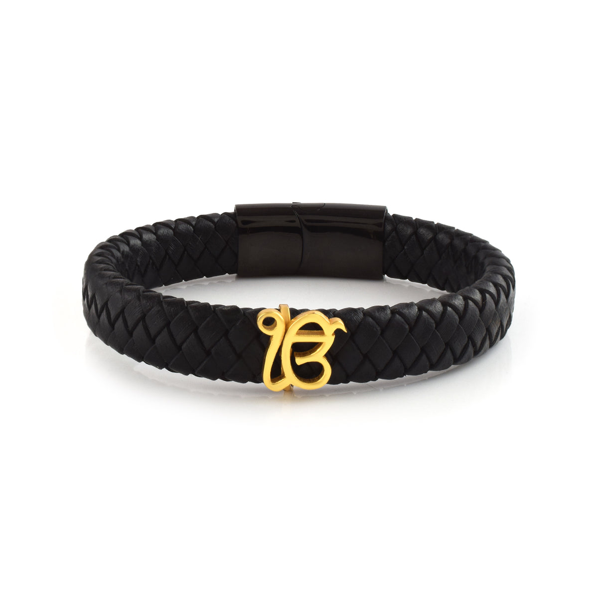 Unisex Strapped Pure Silver Ek Onkar Leather Bracelet- Gold finish