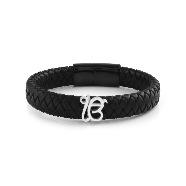 Unisex Strapped Pure Silver Ek Onkar Leather Bracelet- Silver finish