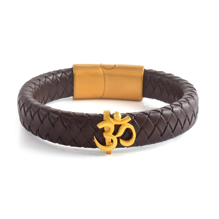 Unisex Om Brown Leather Strap Bracelet- Gold Finish