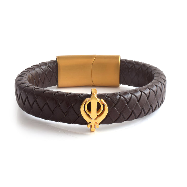 Men's Pure Silver Khanda Leather Bracelet- Gold finish