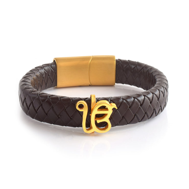 Unisex Ek Onkar Brown Leather Strap Bracelet- Gold Finish