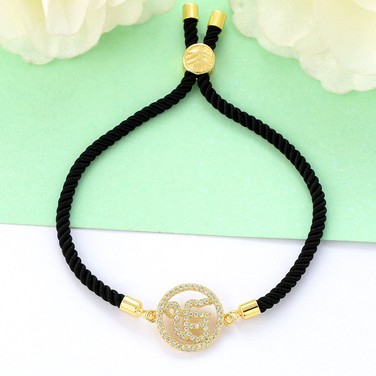 Men's Ek Onkar Black Rope Bracelet- Gold Finish