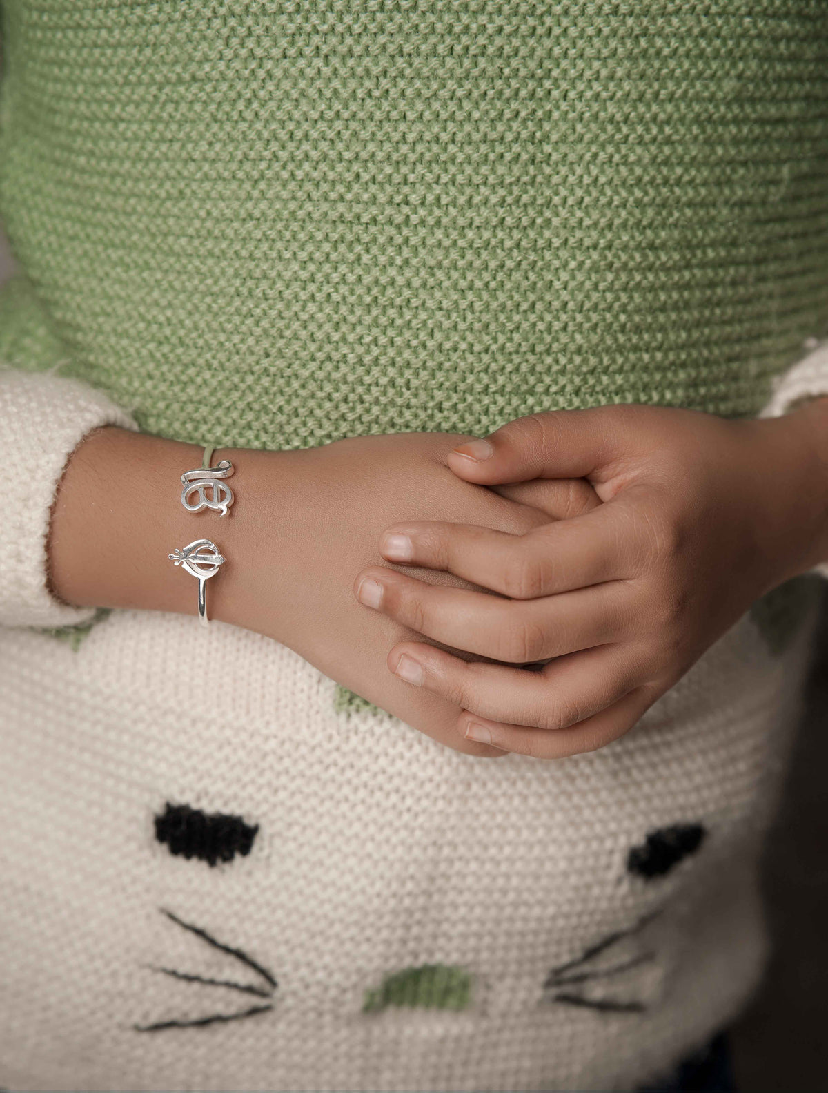 Pure Silver Kids Ek Onkaar Khanda Cuff Bracelet- Silver finish