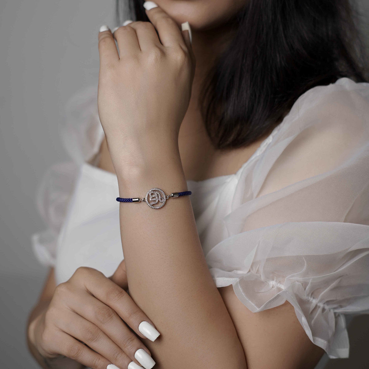 Ek Onkar Blue Rope Bracelet- Silver Finish