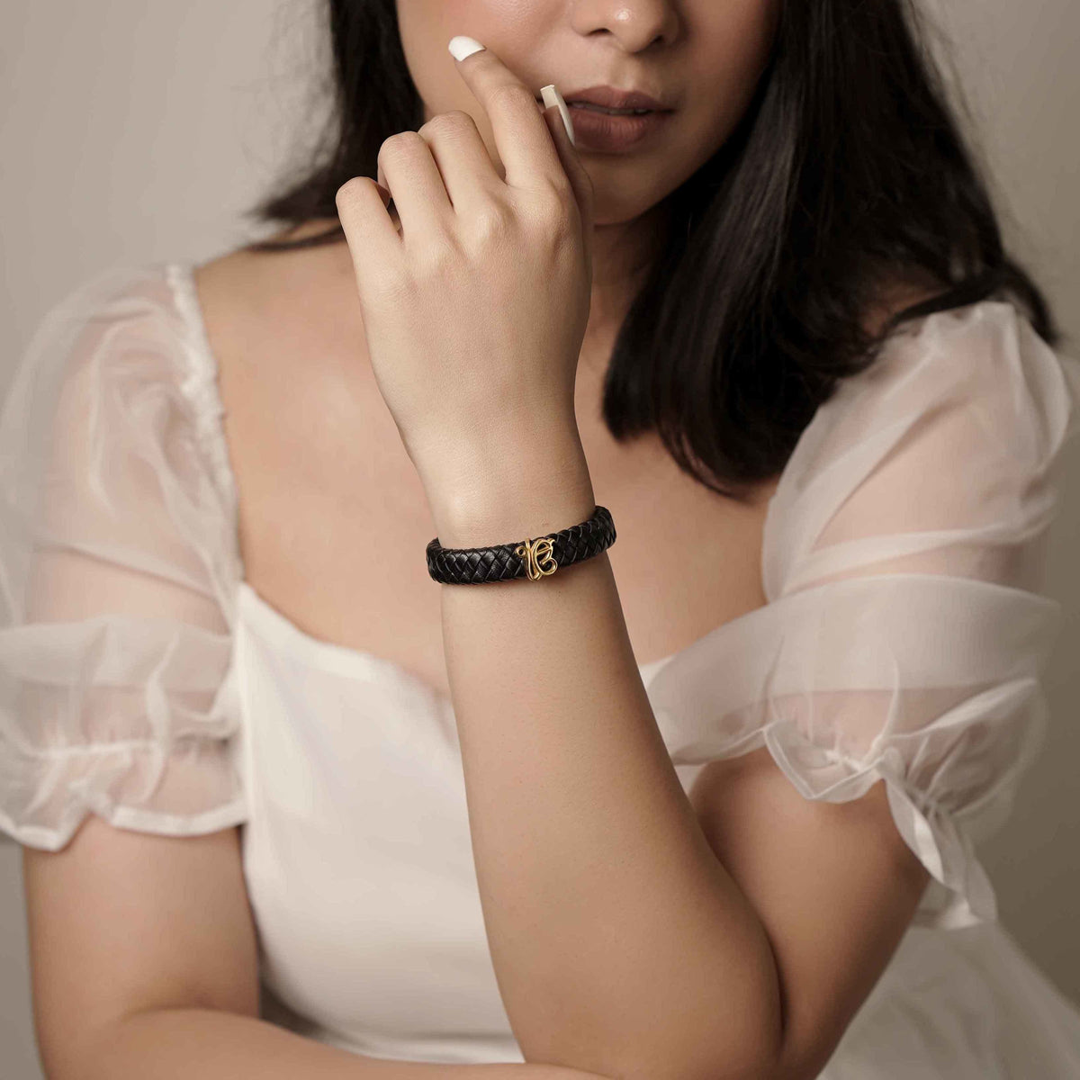 Unisex Strapped Pure Silver Ek Onkar Leather Bracelet- Gold finish