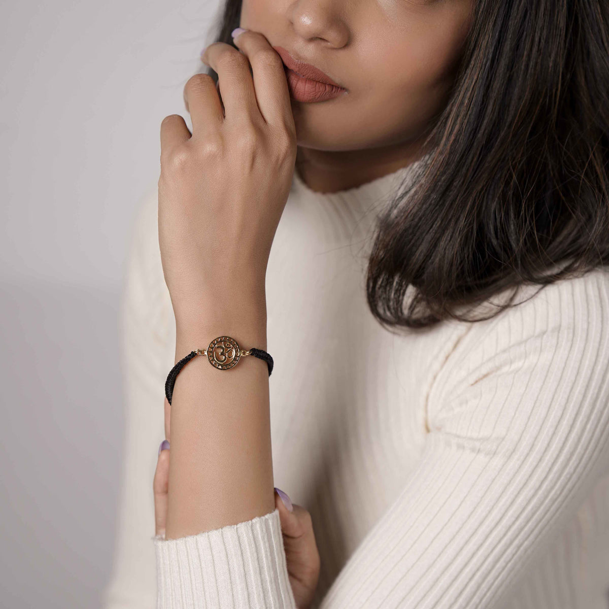 Gold OM Black Thread Bracelet