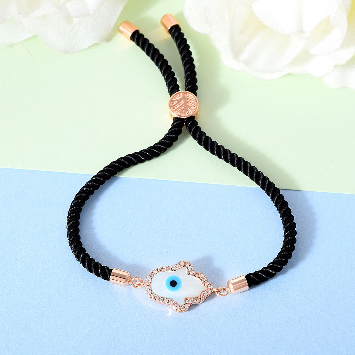 Rose Hamsa Evil Eye Black Rope Bracelet