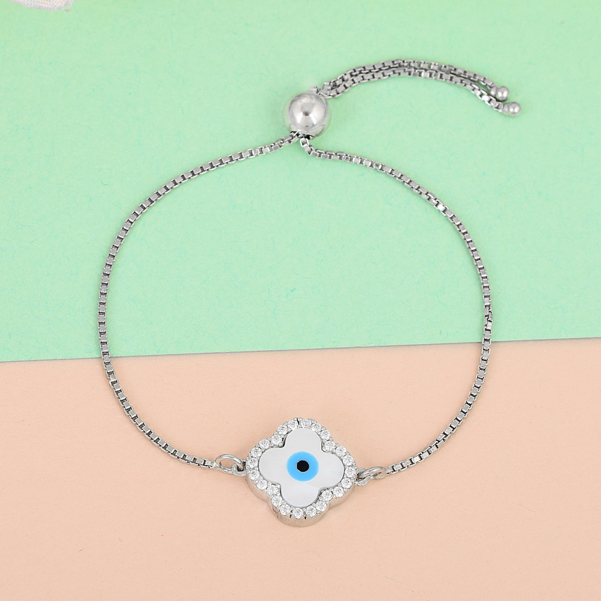 Pure Silver Clover Evil Eye Chain Bracelet- Silver finish