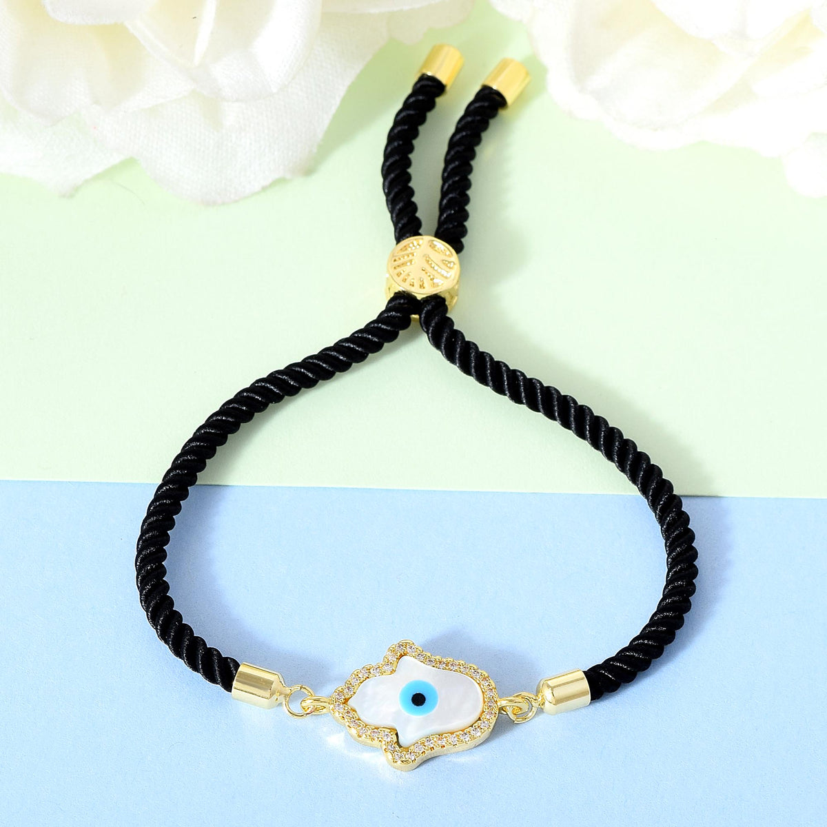 Gold Hamsa Evil Eye black rope bracelet