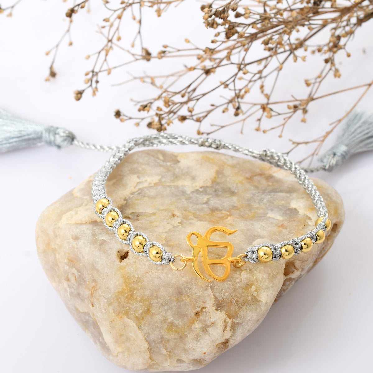 Pure Silver Ek Onkar Grey Rope Bracelet