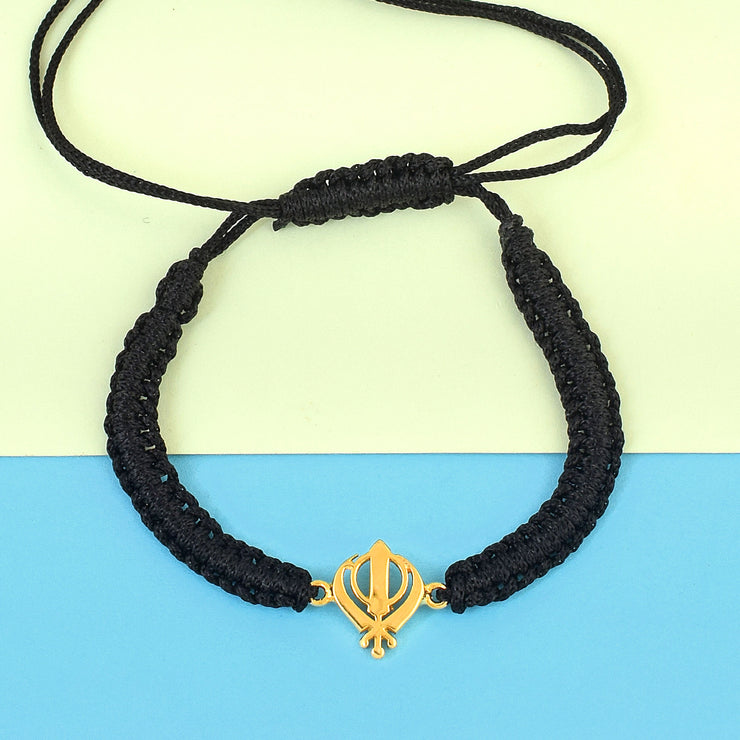 Pure Silver Khanda Black Thread Bracelet