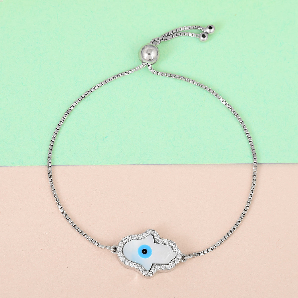 Pure Silver Hamsa Evil Eye Swarovski Chain Bracelet- Silver Finish