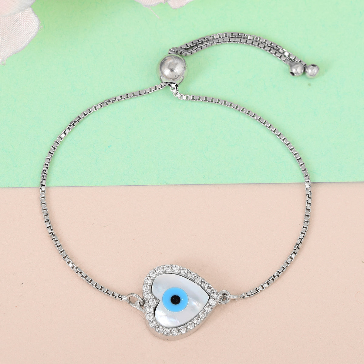 Pure Silver Evil Eye Love Chain Bracelet- Silver finish